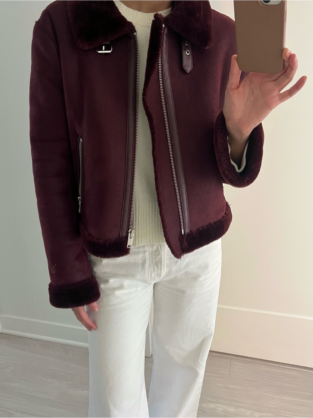 Anthropologie ett:twa Moto Faux Fur & Vegan Leather Jacket Burgundy Sz M Aviator